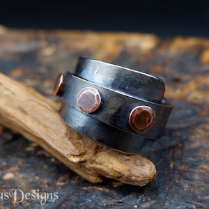 Hand forged copper riveted stainless steel ring, Wide brutalist massive men's ring stement ring, Impressive gift for a man