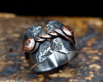Wide Brutalist Stainless Steel And Copper Ring, Hand Forged Industrial Steampunk Ring, Artisan Men's or Women's Ring, Medieval Style Jewelry