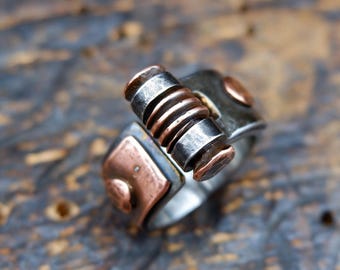 Industrial Steampunk Men's Women's Statement Ring, Brutalist Stainless Steel And Copper Ring, Unique Hand Forged Artisan Ring