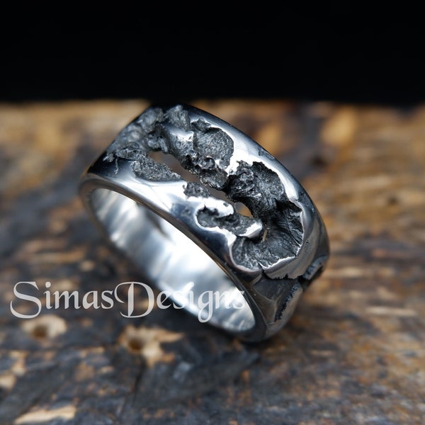Unique Molten Stainless Steel Ring, Men's wide durable band, Thick and Heavy ring, Solid Textured Ring, Organic Design