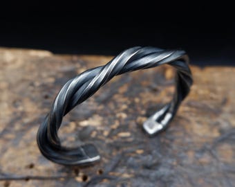 Hand Forged Stainless Steel Cuff Bracelet, Hammered Twisted Open Bangle, Rustic Industrial Metal Jewelry for Men