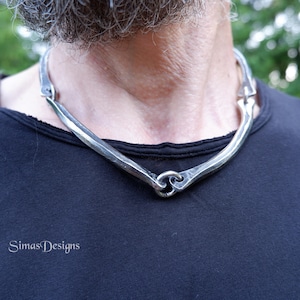 Grovt herrhalsband med länkar i rostfritt stål, halsband med stavlänkar och kedja, handsmidet halsband i massivt stål, tungt halsband, unik gåva