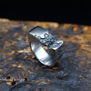 Cracked stainless steel ring, Hand forged brutalist signet mens ring, Molten organic design ring, Raw industrial jewelry, Wide massive ring