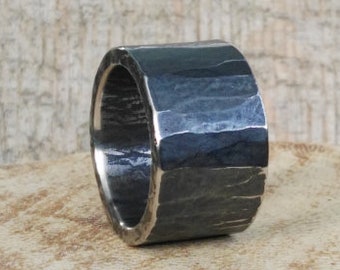 Mens wide ring, hammered ring,  stainless steel ring, hand forged ring, rustic ring, massive ring