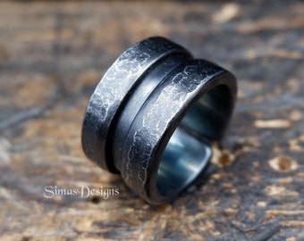 Black Hand Forged Iron Ring, Hammered Wide Chunky Massive Men's Ring Band, 6th Anniversary Gift