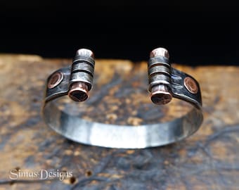 Stainless Steel & Copper Cuff Bracelet for Men – Hand Forged Riveted Metal Bangle – Industrial Brutalist Jewelry Gift for Him