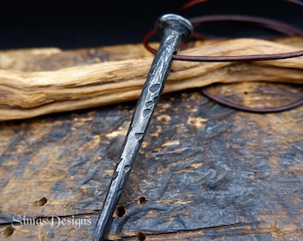 Very long hand forged black iron pin pendant, Pagan necklace, Iron jewelry, 6th iron weddings anniversary gift, Medieval style jewelry
