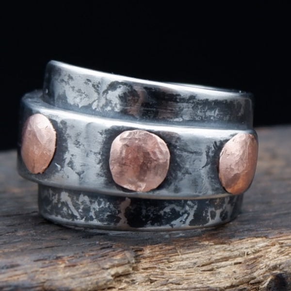 Massive Wide Stainless Steel and Copper Rivet Ring, Unique Hand Forged Mixed Metal Ring, Men's Brutalist Ring