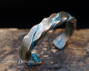 Brazalete de cobre patinado, brazalete abierto para hombre forjado a mano y retorcido, brazalete de cobre oxidado, joyería Wabi Sabi, regalo de aniversario