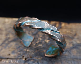 Patina Copper Cuff Bracelet, Twisted Hand Forged Men's Open Bracelet, Oxidized Copper Wrist Cuff, Wabi Sabi Jewelry, Anniversary Gift