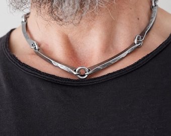 Collar de acero inoxidable forjado a mano, collar de eslabones y cadena, gargantilla minimalista, collar artesanal, regalo de joyería unisex
