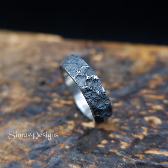 Dark Lava Molten Stainless Steel Ring Band, Hand Forged Textured