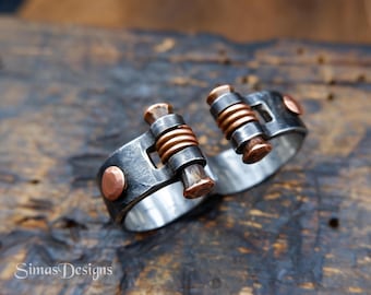 Double-Finger Stainless Steel and Copper Ring, Hand Forged Industrial Men's Band, Rustic Brutalist Statement Ring, Artisan Metal Jewelry