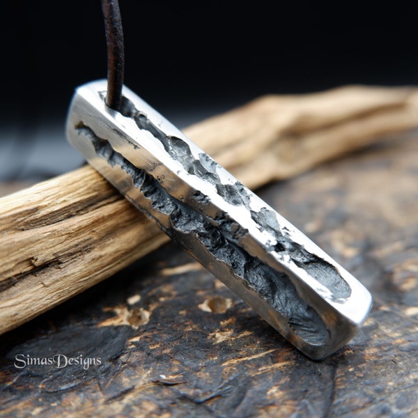 Melted stainless steel pendant, Rectangular hand forged pendant, Unique necklace