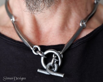 Hand forged stainless steel necklace, Minimalist toggle necklace, Artisan statement collar, Viking inspired jewelry, Gothic men's necklace