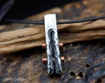 Melted stainless steel and copper pendant, Rectangular hand forged pendant, Unique industrial modern necklace, Handmade sculptural jewelry