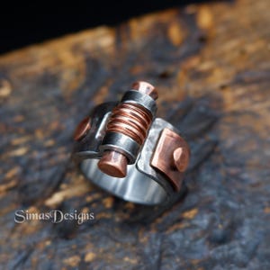 Brutalist Industrial Steampunk Men's Ring, Stainless Steel And Copper Ring, Unique Hand Forged Artisan Ring,  Father's Day Gifts