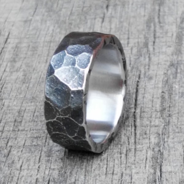 Hammered stainless steel ring, Men's rustic ring, Hand forged ring