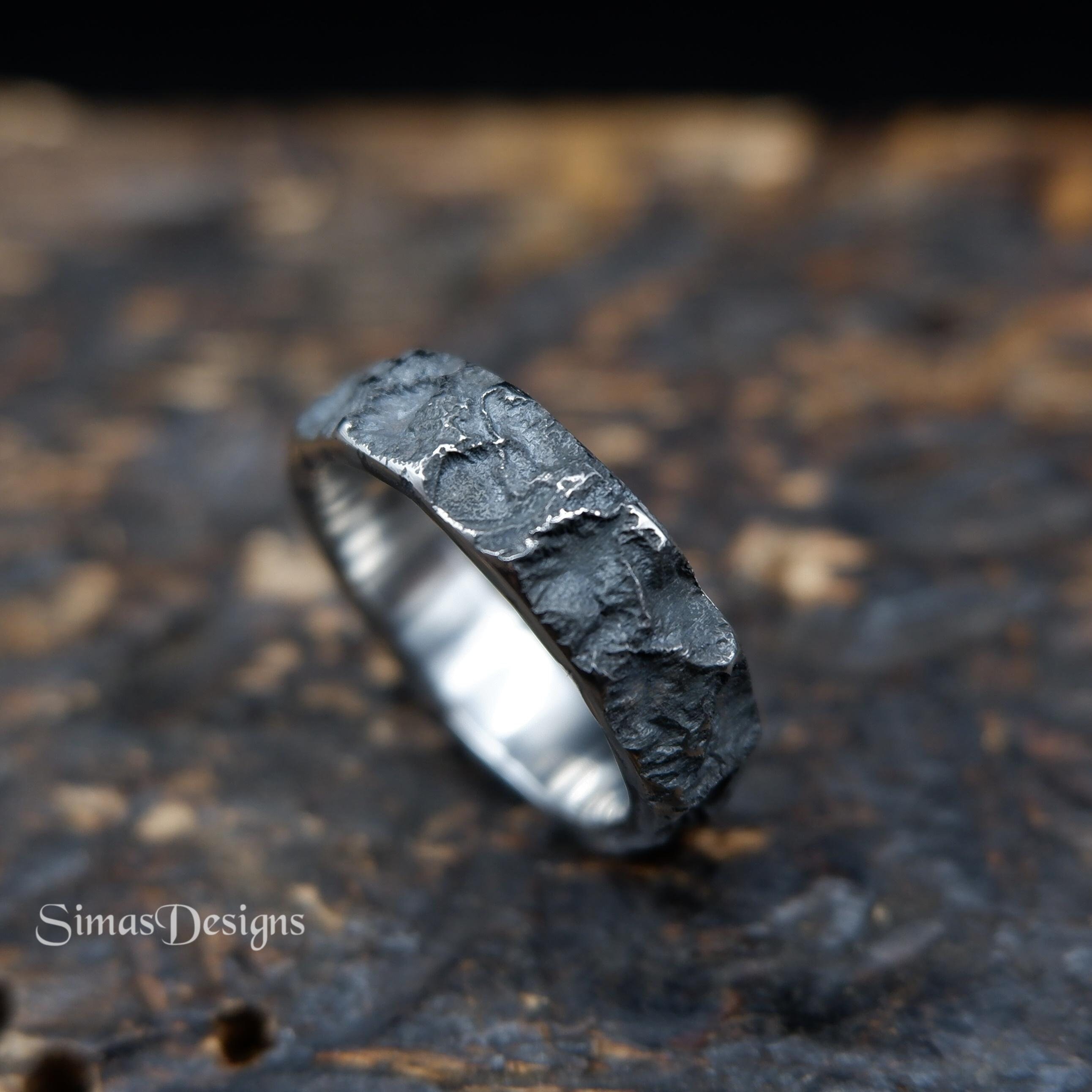 Molten dark lava stainless steel ring band, Hand forged ring, Organic  design, Unique men's women's ring, Original gift for him or her
