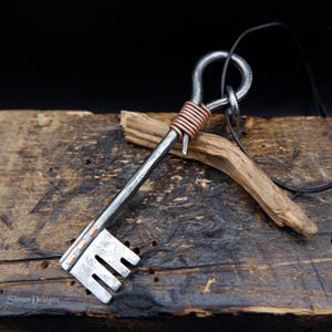 Stainless Steel Copper Key Pendant Necklace, Hand Forged Keychain, Rustic Industrial Jewelry, Unique Mens Gift, Blacksmith Jewelry