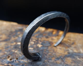 Rustic hand forged black iron nail cuff bracelet, Minimalist solid mens or women bracelet, Iron anniversary gift, Gothic style jewelry