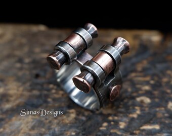 Solid Industrial Steampunk Ring Stainless Steel And Copper Ring Hammered Unique Gift For Man Blacksmith Mens Womens Ring Hand Forged