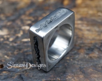 Massive Wide Square Ring Stainless Steel Ring Molten Ring Unique Organic Lava Ring