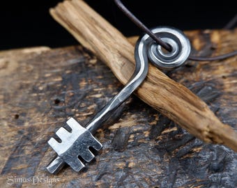 Stainless Steel Key Pendant Necklace, Hand Forged Keychain, Rustic Industrial Jewelry, Unique Mens Gift, Blacksmith Jewelry