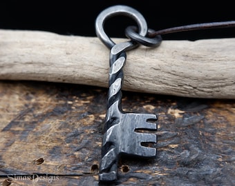 Hand Forged Iron Key Pendant, Medieval Gothic Necklace, Rustic Key Jewelry, Blacksmith Keychain, Pagan Viking Inspired Gift for Him
