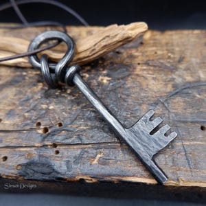 Hand Forged Iron Key Pendant, Medieval Gothic Necklace, Rustic Key Jewelry, Blacksmith Pendant, Pagan Viking Inspired Gift for Him