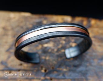Hand forged iron and copper men's or women's cuff bracelet, Minimalist jewelry, Medieval style cuff bracelet, Iron anniversary gift