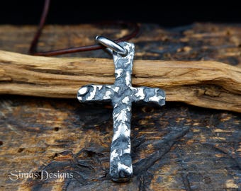 Melted Stainless Steel Cross Pendant – Hand Forged Rustic Cross Necklace – Brutalist Christian Jewelry for Men – Industrial Gift