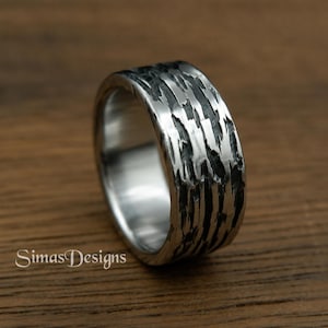 Stainless Steel Ring, Hand Forged Hammered Band, Wide Minimalist Men's Ring, Blacksmith Made in Lithuania