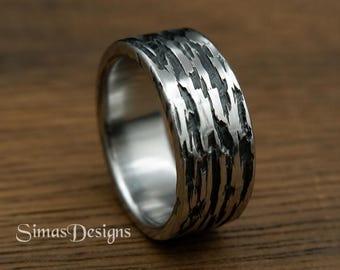 Stainless Steel Ring, Hand Forged Hammered Band, Wide Minimalist Men's Ring, Blacksmith Made in Lithuania