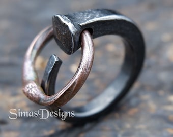 Iron spike ring with copper detail, Hand Forged Men's or Women's Ring, Unisex Pagan Ring, Horseshoe Nail Ring, Iron Anniversary gift