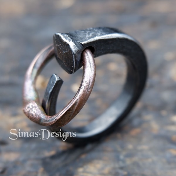 Iron spike ring with copper detail, Hand Forged Men's or Women's Ring, Unisex Pagan Ring, Horseshoe Nail Ring, Iron Anniversary gift