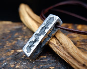 Rectangular Hand Forged Pendant, Melted Textured Stainless Steel Pendant, Rustic Minimalist Industrial Style Gift, Unique Masculine Gift