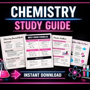 Könnte beinhalten: Eine schwarz-rosa Grafik mit dem Text "CHEMISTRY STUDY GUIDE". Das Bild enthält Studienblätter mit Titeln wie "Chemistry Survival Guide" und "Must-Know Formulas". Es gibt auch Illustrationen von Bechern, Atomen und Reagenzgläsern.