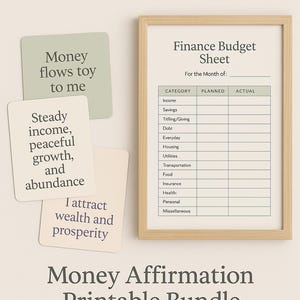 Tarjetas de Afirmaciones Monetarias + Hoja de Presupuesto / Bienestar Financiero Imprimible