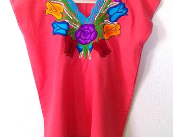Coral Woven Cotton Short Sleeve Blouse with Multicolor Floral Embroidery Detail One Size