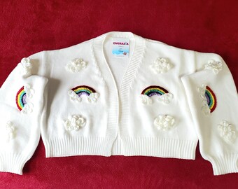 3D Rainbow Flower Cardigan - Women's Open Front Knit (M/L)