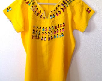 Yellow Woven Cotton Short Sleeve Blouse with Multicolor Women Embroidery Detail One Size