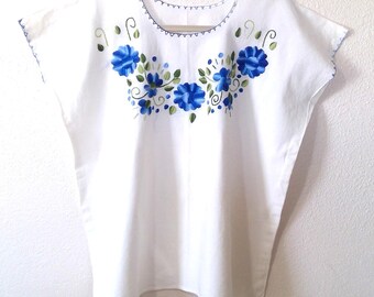 Off White Woven Cotton Short Sleeve Blouse with Blue Floral Embroidery Detail One Size
