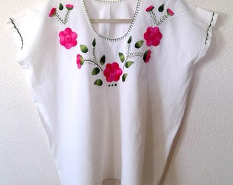 Off White Woven Cotton Short Sleeve Blouse with Pink Floral Embroidery Detail One Size