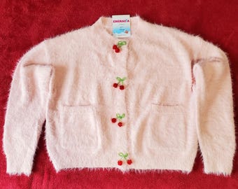 Soft Pink Women's Cardigan with Embellished Beaded Cherries