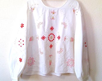 White Woven Cotton Long Sleeve Blouse with Red and Gold Embroidery Flowers Size 1X