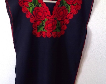 Black Woven Cotton Short Sleeve Blouse with Red Roses Embroidery Detail One Size