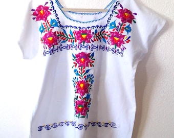 White Woven Cotton Short Sleeve Blouse with Multicolor Floral Embroidery Detail One Size