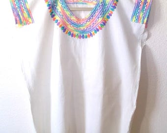 Off White Woven Cotton Short Sleeve Blouse with Multicolor Embroidery Detail One Size
