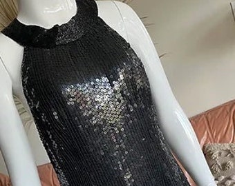 Vintage Black Glam Silk Sequin and Beaded Dress M